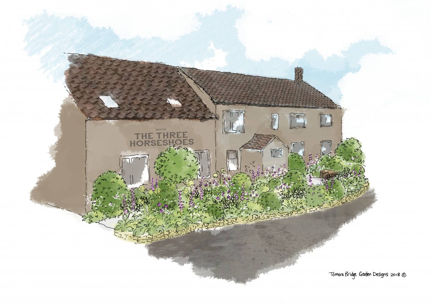 Part of the garden design drawings by Tamara Bridge for The Three Horseshoes in Briston 